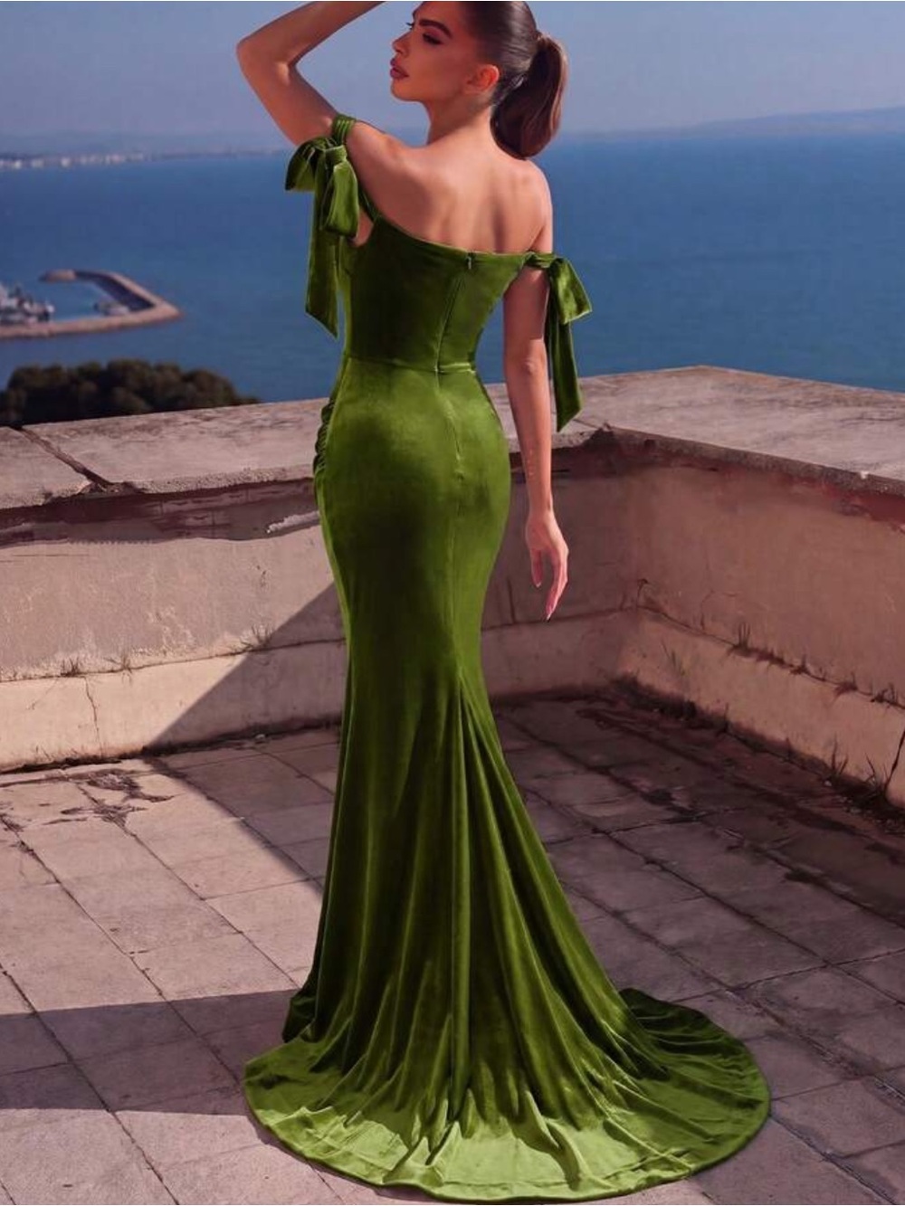 Off-Shoulder Olive Green Velvet Mermaid Evening Dress - Picture 2 of 4